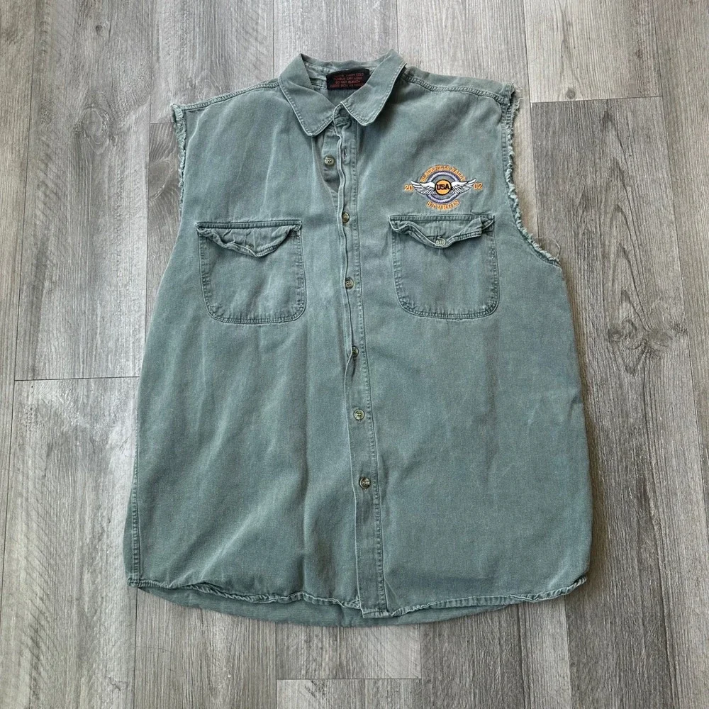 Vintage Sturgis 2002 Black‎ Hills Rally Denim Vest Men's L Biker Cut-Off Shirt